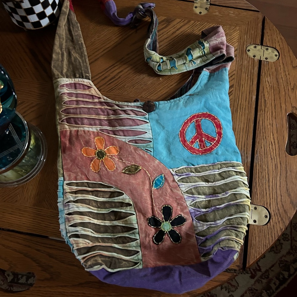 Vintage Nepal Cotton Patchwork Peace Printed Shou… - image 1